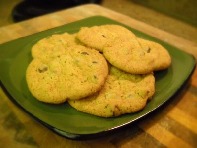 chocolate chip cookies on green plate