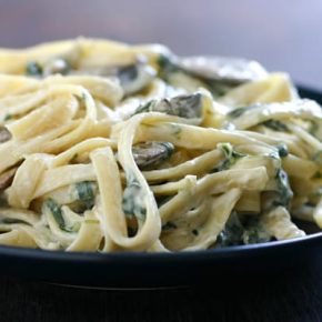 Lower Fat Fettuccine Alfredo with Spinach and Mushrooms