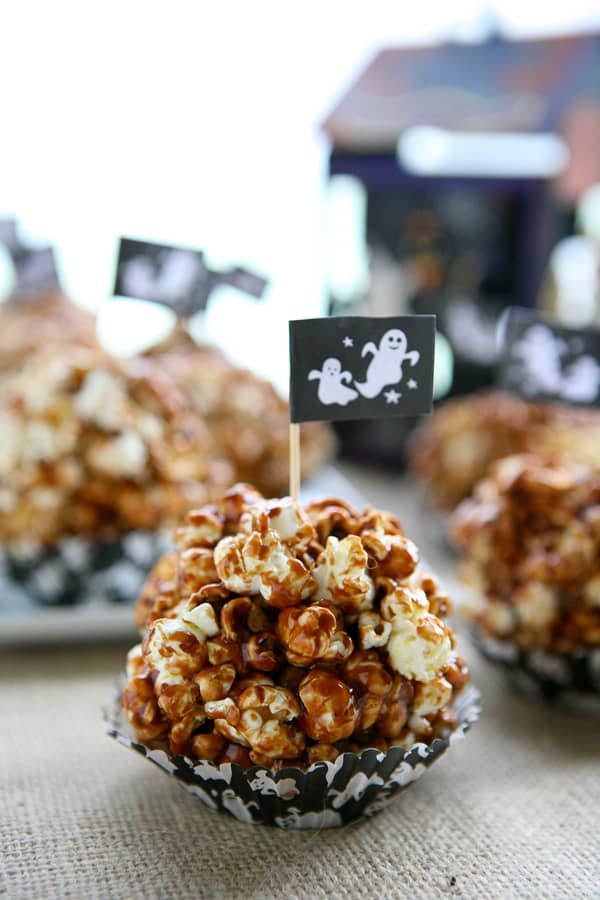 Nutella Popcorn Balls with a ghost flag on fabric surface