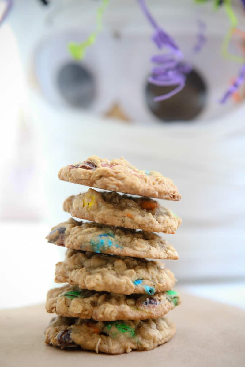 stack of cookies in front of monster bucket