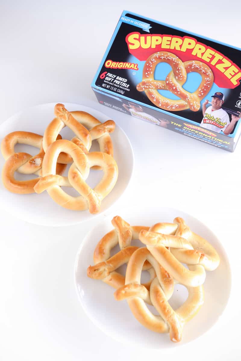 super pretzel box and pretzels on plates