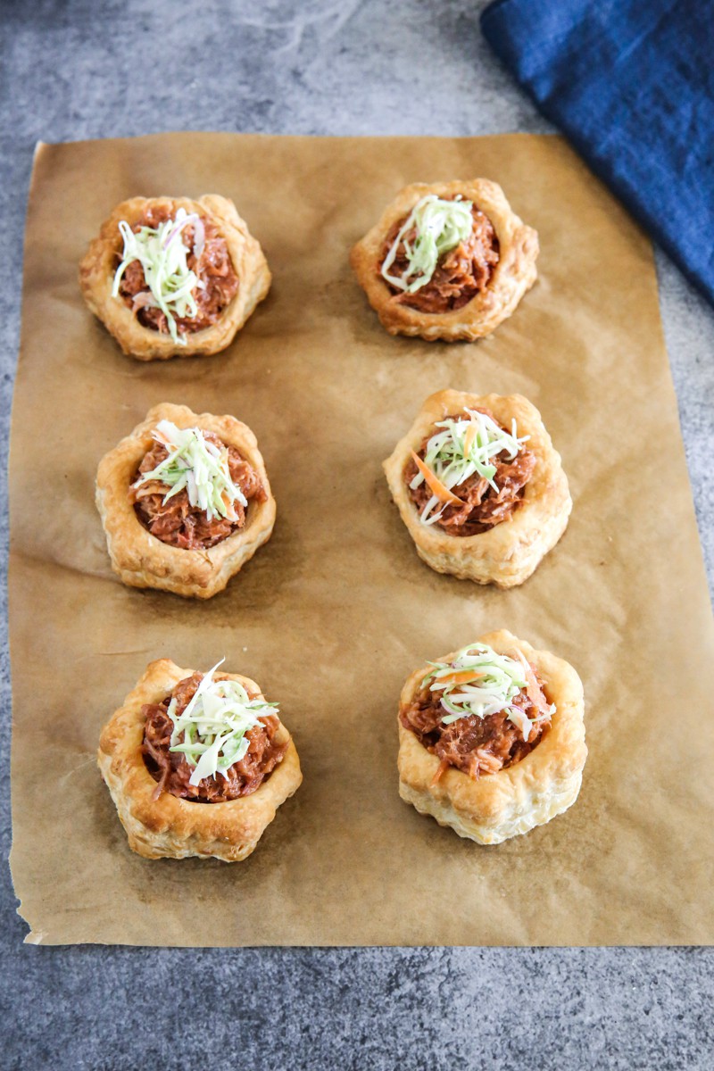 bbq pulled pork puff pastries grey background overhead view