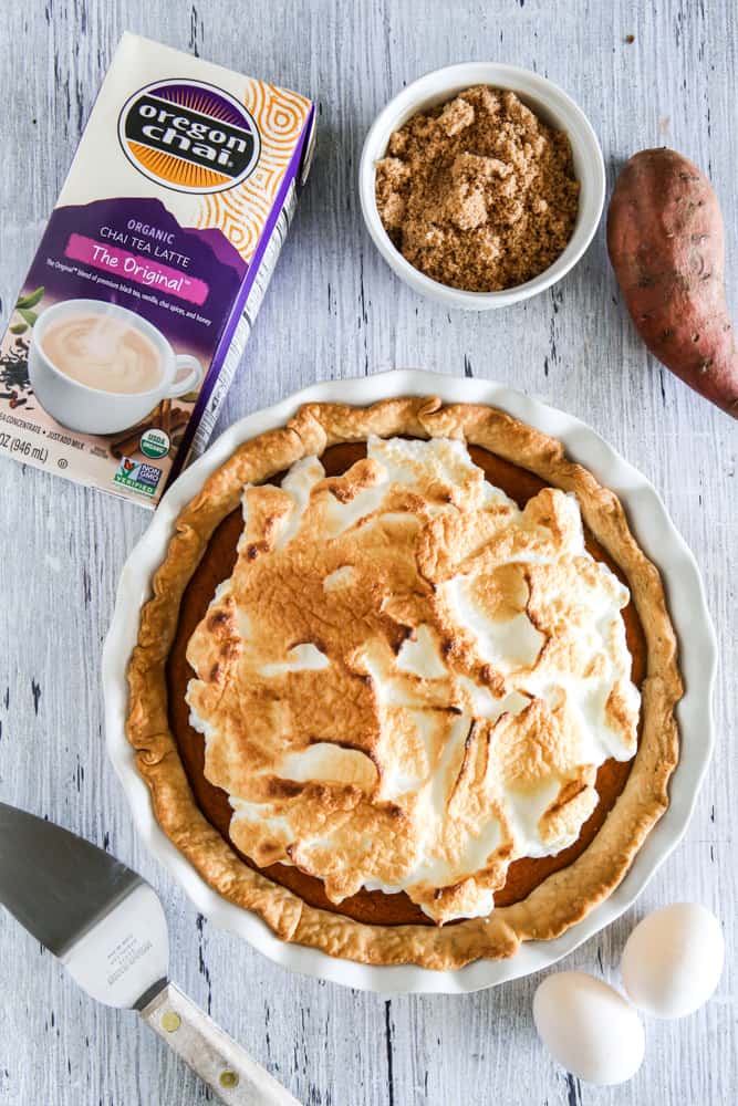 This Chai Spiced Sweet Potato Pie is perfect for fall! It's cool, creamy and delicious. It would be a great dessert for your Thanksgiving menu! #recipe #pie #sweetpotato #thanksgiving #desserts #sweetpotatopie #holiday