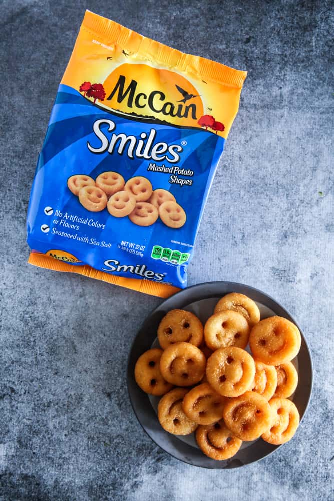 bag of mccain smiles and mccain smiles on plate